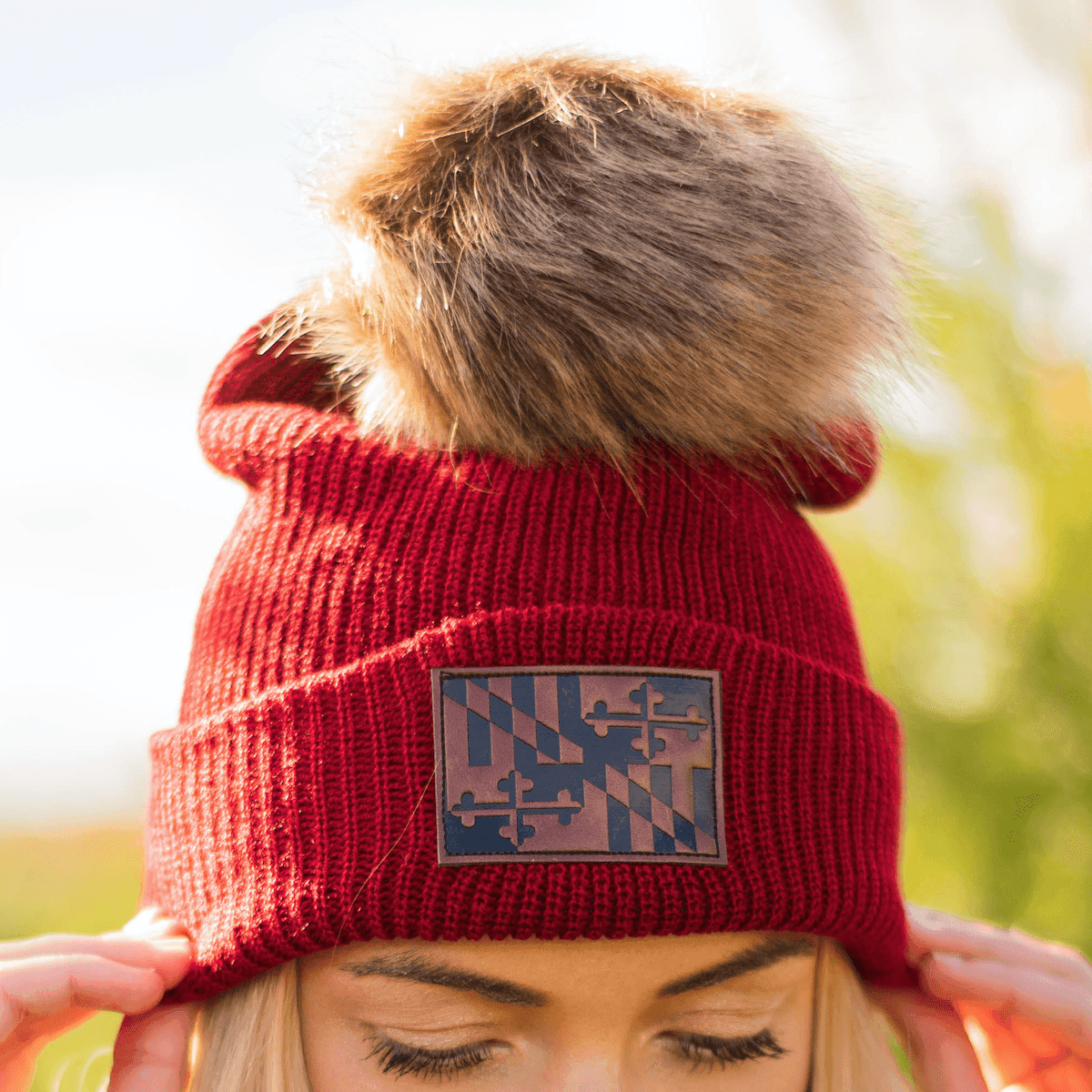 Hot Deal! Maryland Flag Leather Patch Burgundy Slouchy Knit Beanie with Fur Pom
