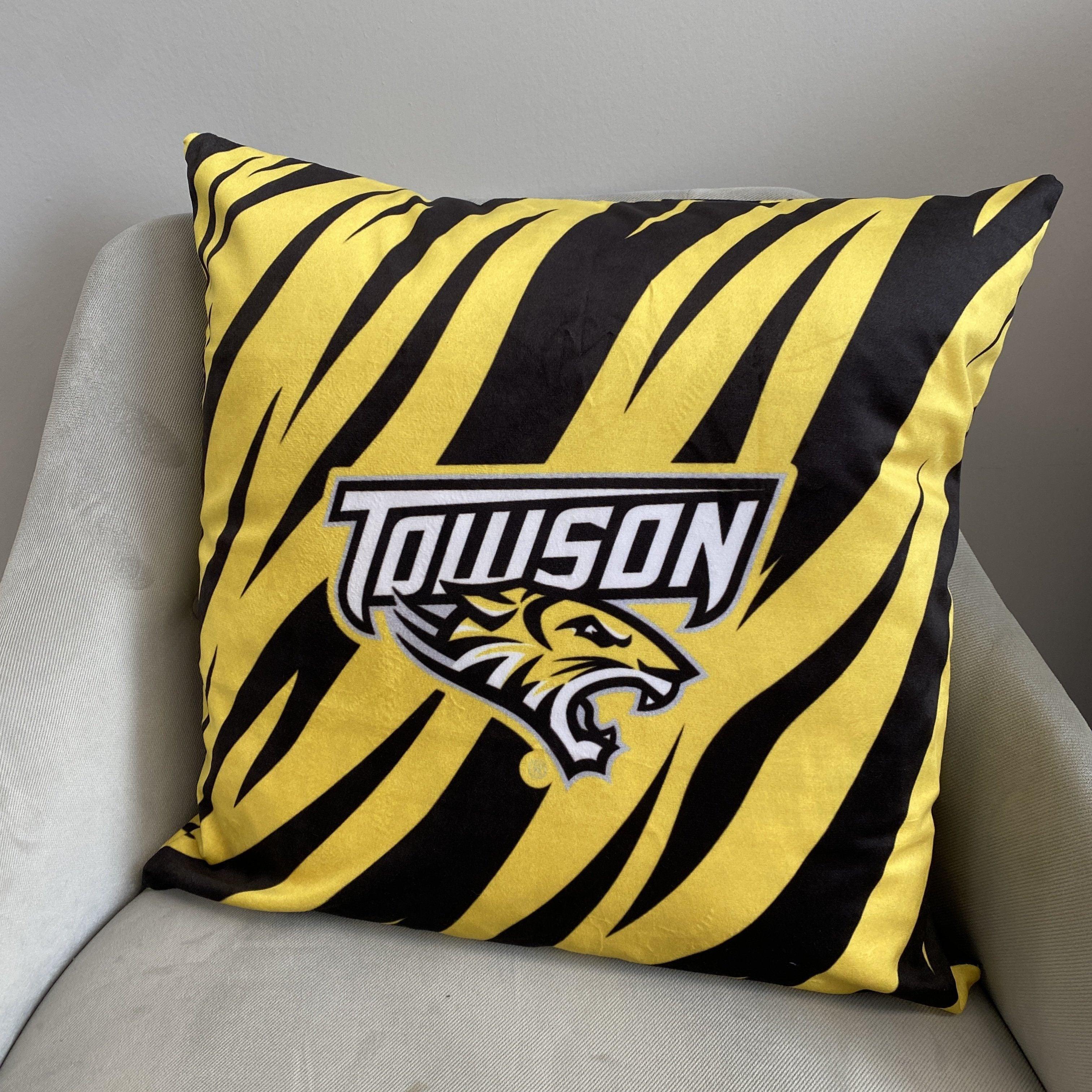 TU Tiger Pattern with Towson Logo Black/Gold 18x18 Throw Pillow